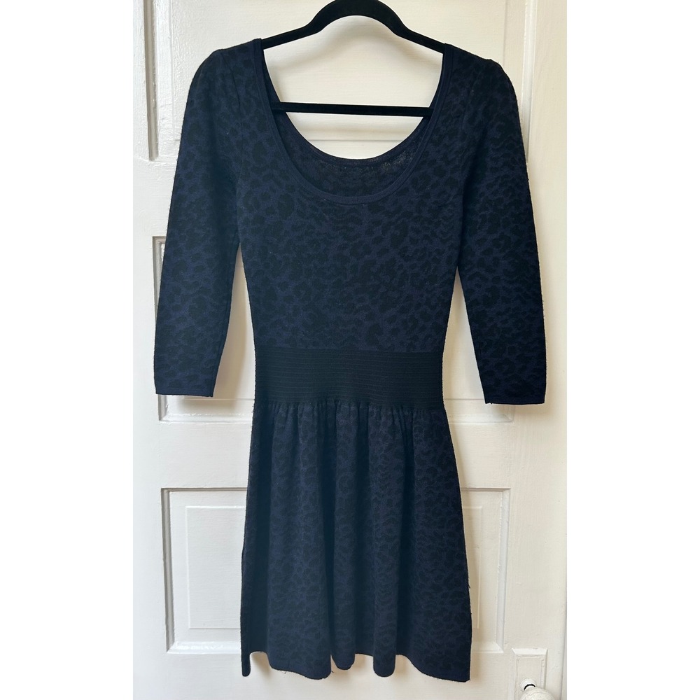 Sandro Leopard Print Wool Blend Knit Fit & Flare Dress Navy Size 1 (Small/4)